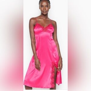 Victoria's Secret Fuchsia Satin Chemise with Red Lace